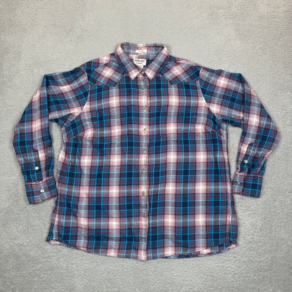 Ariat Real Womens Relaxed Fit Western Plaid Button Down Shirt Blue Burgundy‎ 1X
